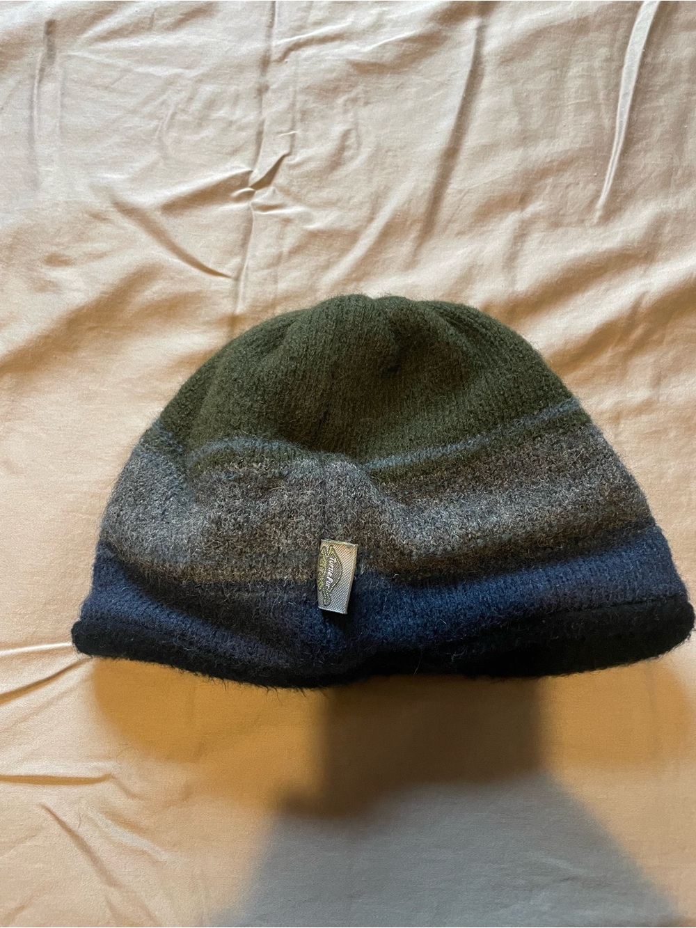 Wool Blend Striped Beanie Hat - Green/Gray/Navy